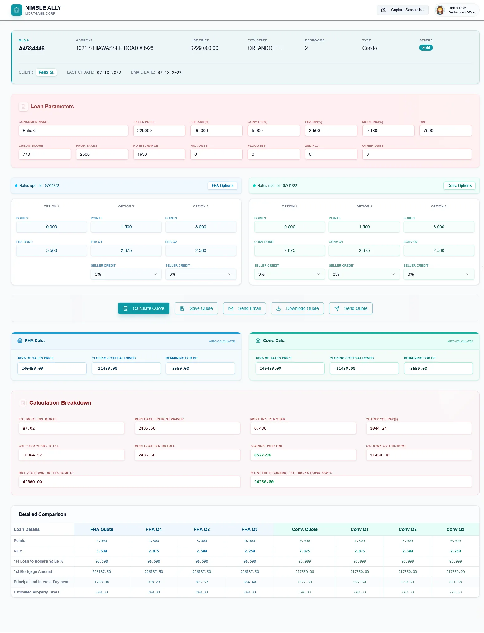 Mortgage Quote CRM - FinTech built with Laravel, MySQL, RETS IDX, JavaScript, jQuery, HTML5, Tailwind CSS, PDF Generation